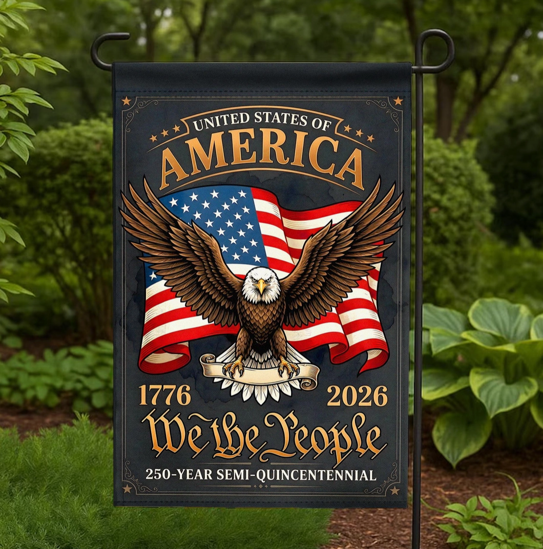 Decorative flag with American eagle and flag design, featuring text about the United States of America's 250th anniversary.