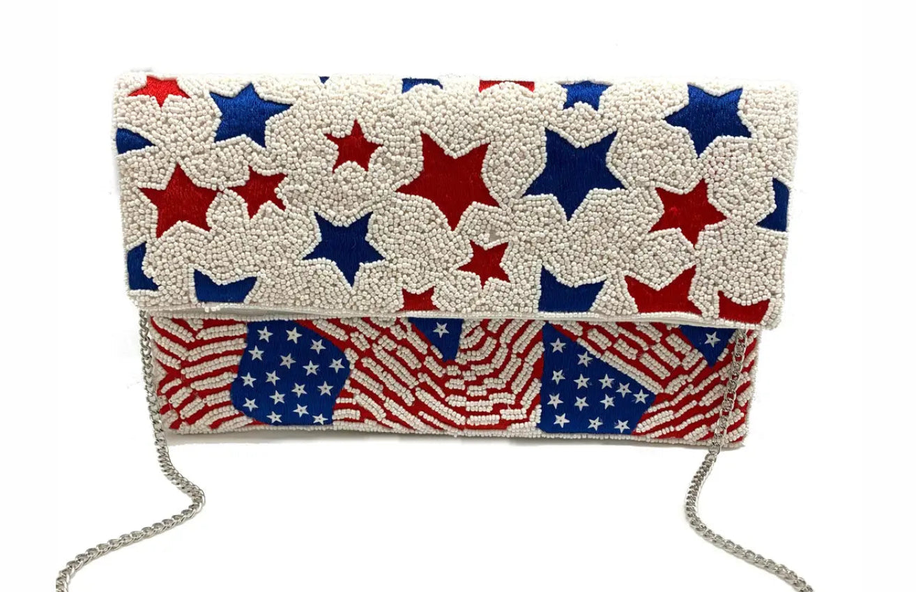 Clutch bag with American flag and star pattern on a white background