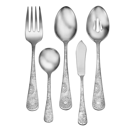 Set of silver flatware with floral patterns on a white background