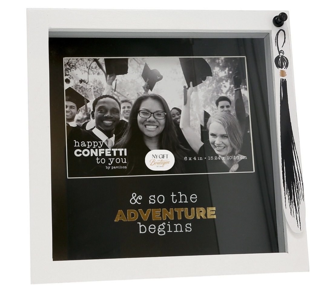 Graduation-themed photo frame with tassel, featuring a photo of people and text.
