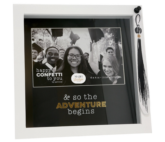 Graduation-themed photo frame with tassel, featuring a photo of people and text.