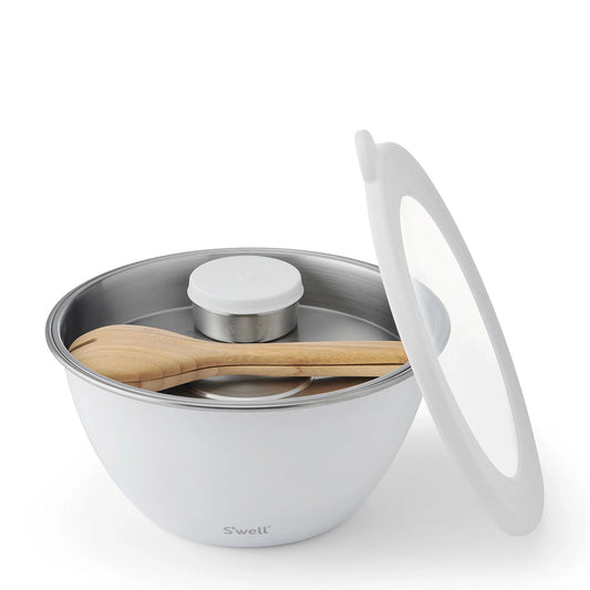 White kitchen container with wooden spoon and white lid on a white background
