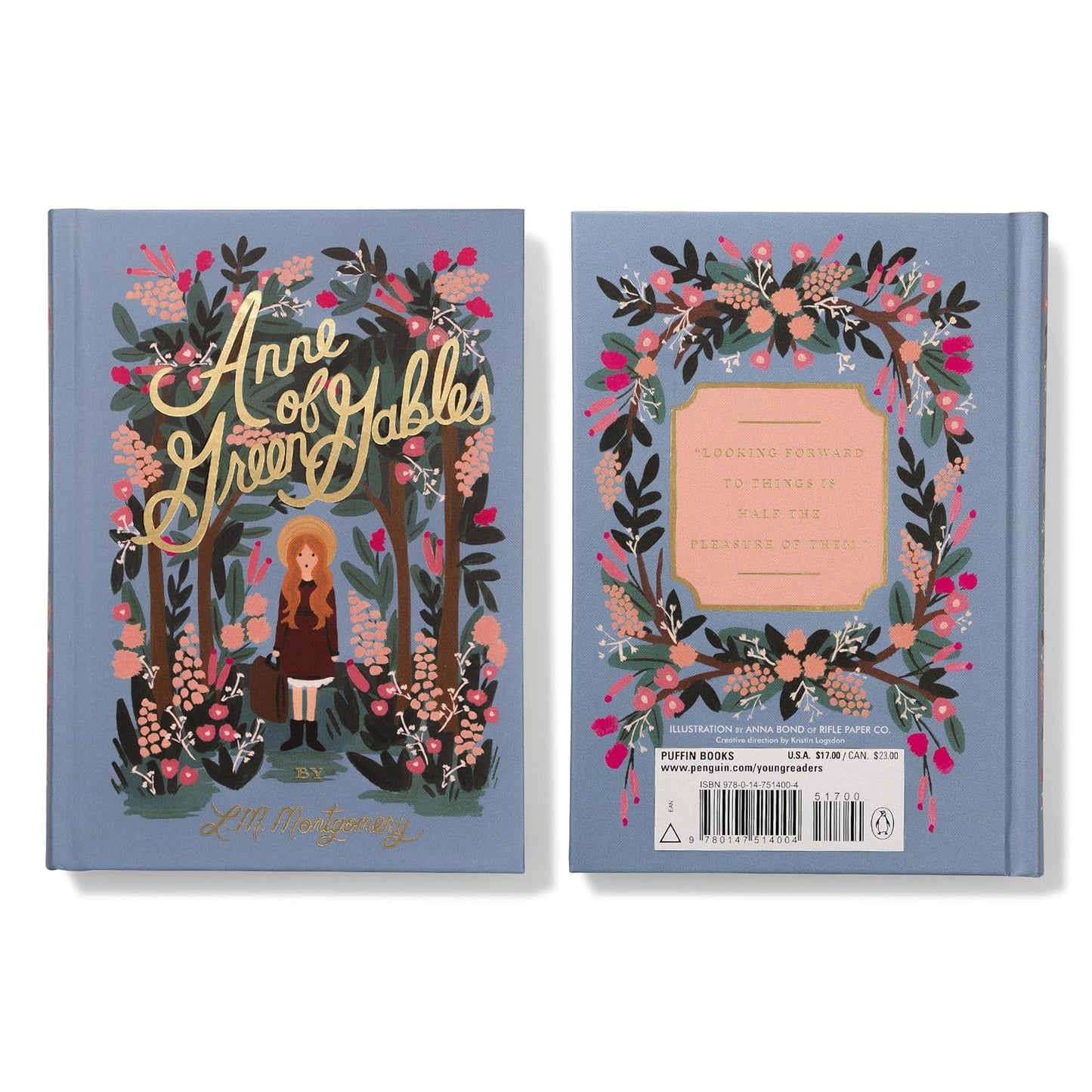 Book cover of 'Anne of Green Gables' with floral design and character illustration on a blue background