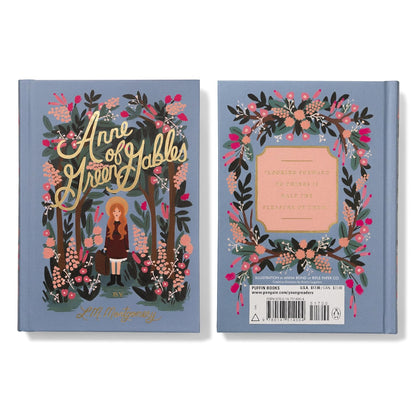 Book cover of 'Anne of Green Gables' with floral design and character illustration on a blue background