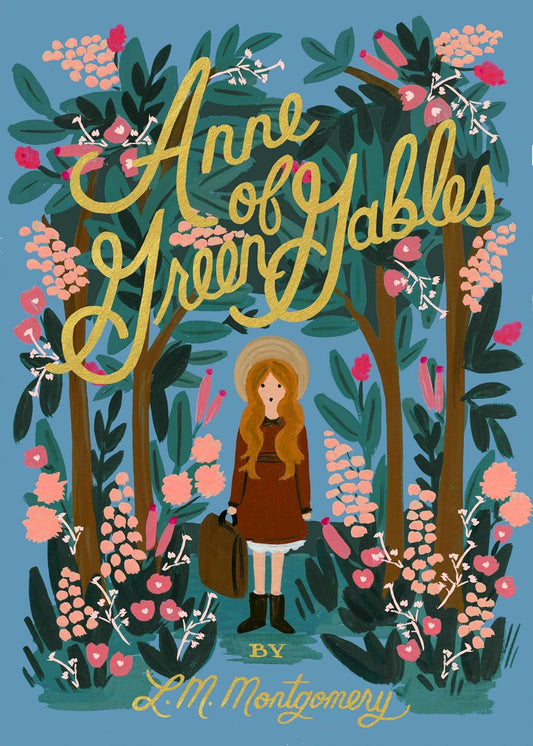 Book cover of 'Anne of Green Gables' with a stylized illustration of Anne in a forest.