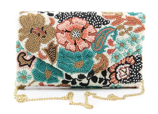 Aqua/Coral Beaded Clutch Handbag