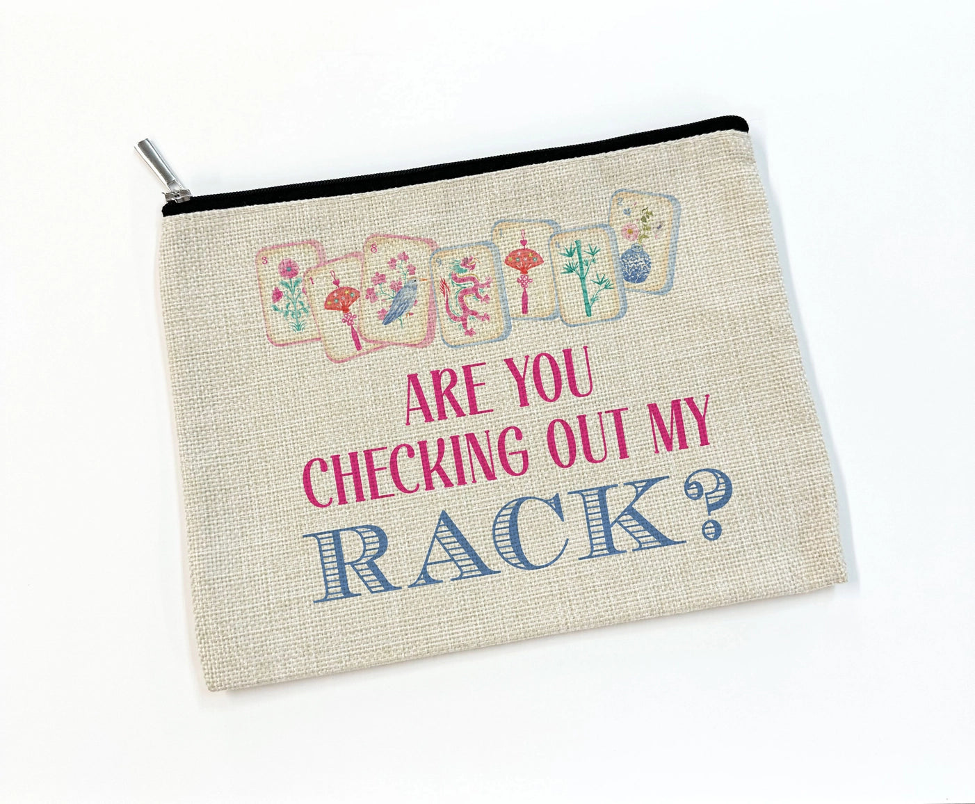 Pouch with text 'Are you checking out my rack?' and card designs on a white background