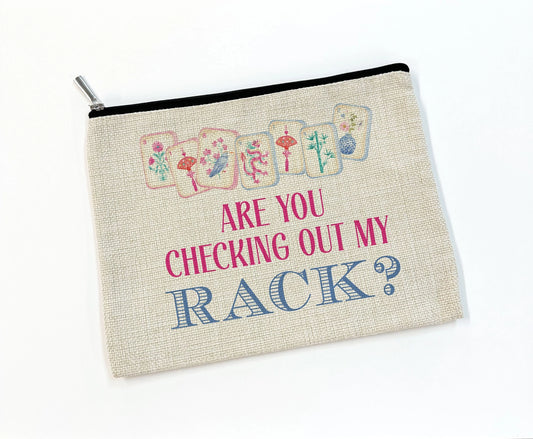 Pouch with text 'Are you checking out my rack?' and card designs on a white background
