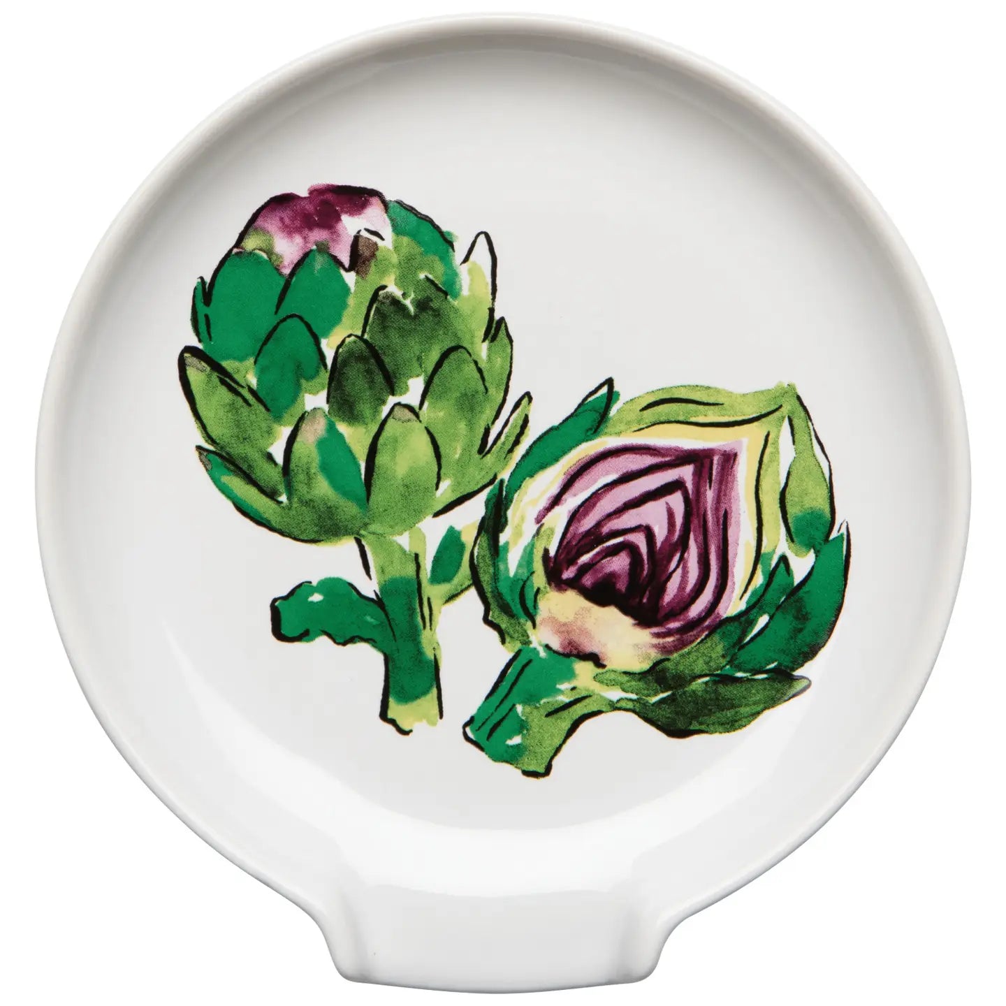 Round white plate with artichoke design on a white background