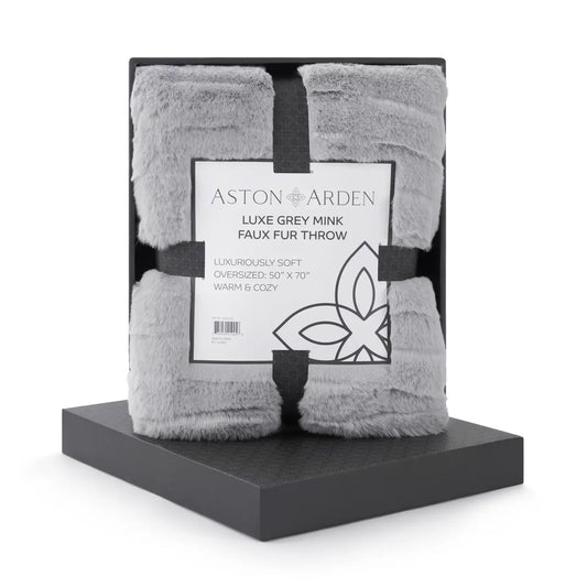 Luxe Mink Faux Fur Grey Throw Blanket, Gift Box Inc