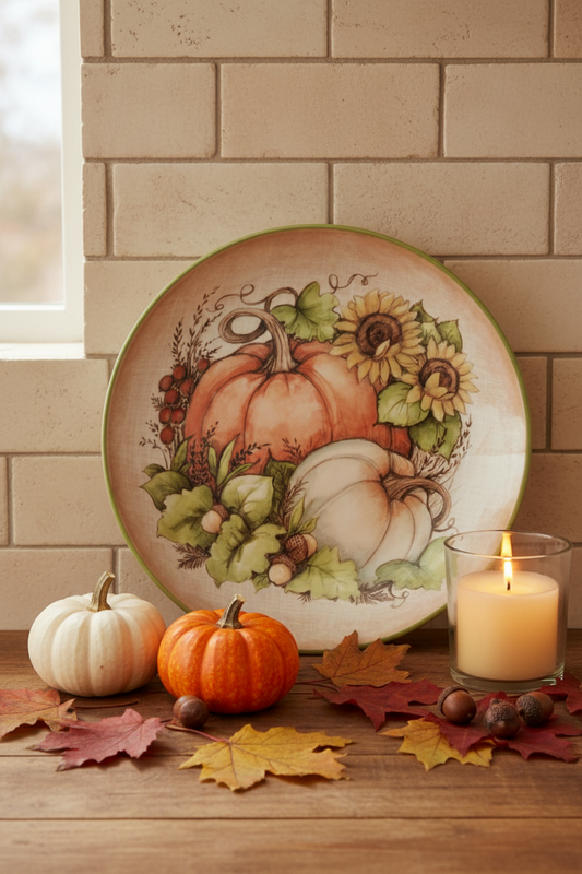 Decorative plate with pumpkins and sunflowers on a beige background