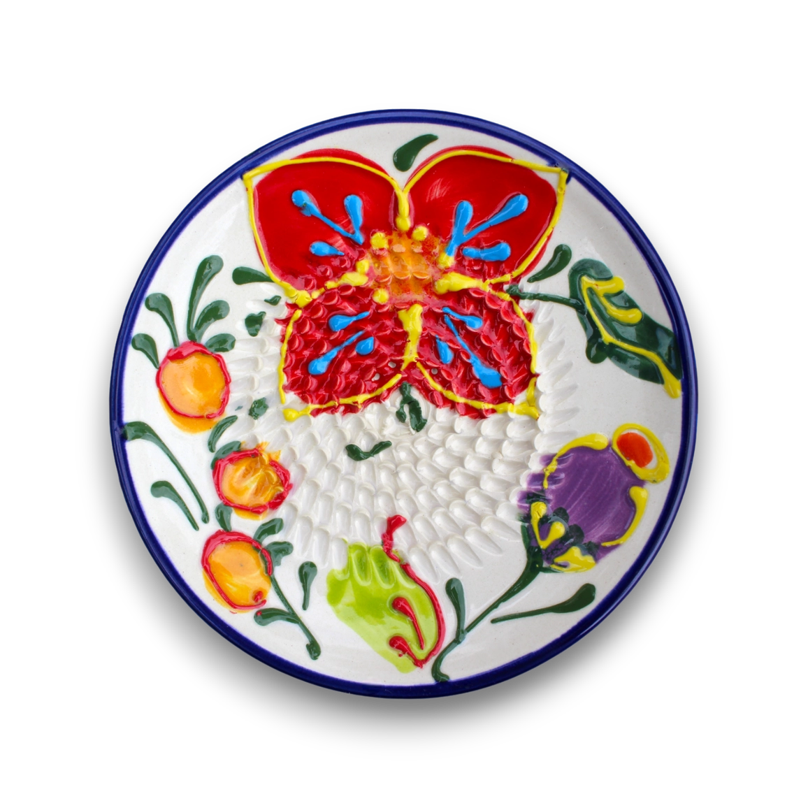 Decorative plate with colorful floral design on a white background