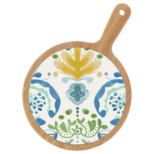 Round cutting board with a wooden handle and colorful abstract design on a white background