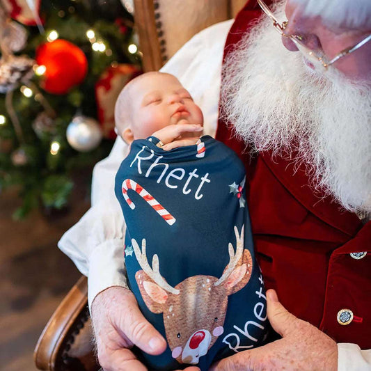 Reindeer & Candy Cane Personalized Swaddle Blanket