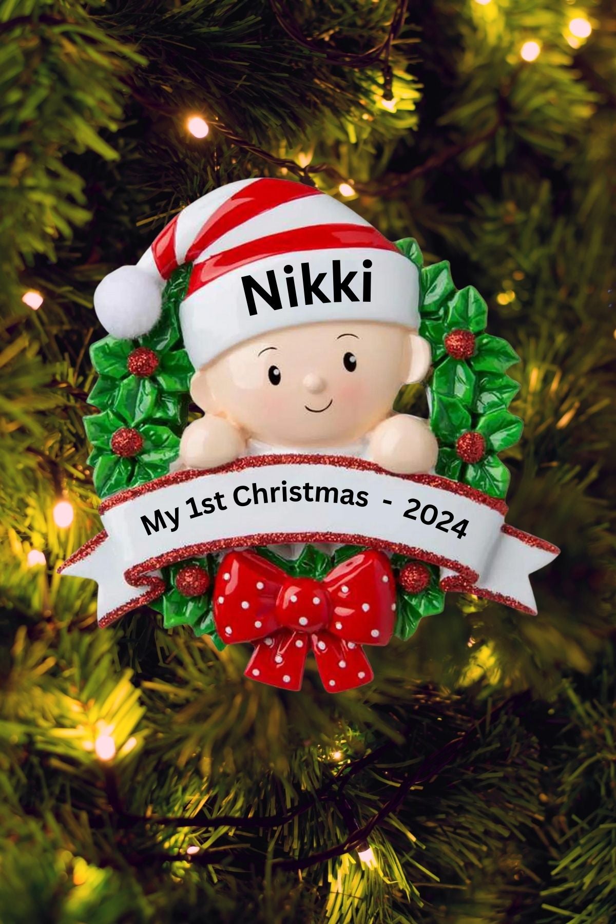 Baby in a Wreath Personalized Ornament