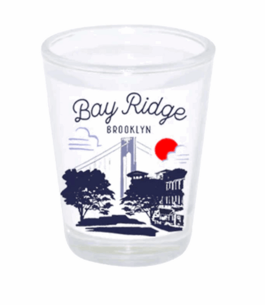 Clear glass with 'Bay Ridge Brooklyn' text and silhouette design on a white background