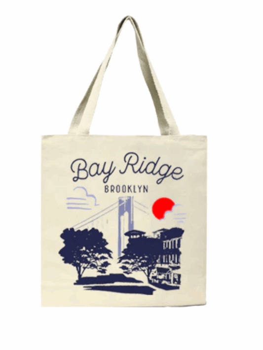 Tote bag with 'Bay Ridge Brooklyn' text and graphic design on a white background