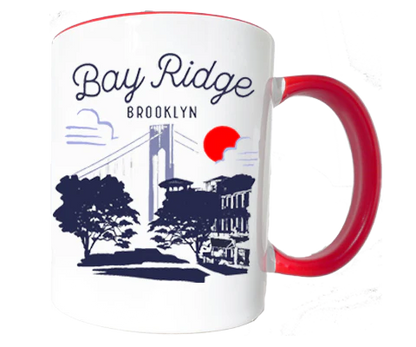 Mug with 'Bay Ridge Brooklyn' text and silhouette design on a white background