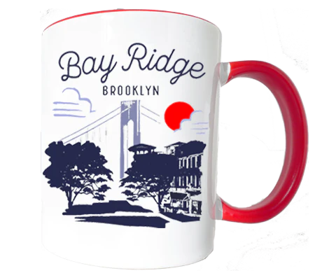 Mug with 'Bay Ridge Brooklyn' text and silhouette design on a white background