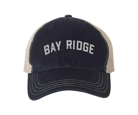 Navy and beige cap with 'Bay Ridge' text on a white background