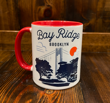Mug with 'Bay Ridge Brooklyn' design on a wooden surface
