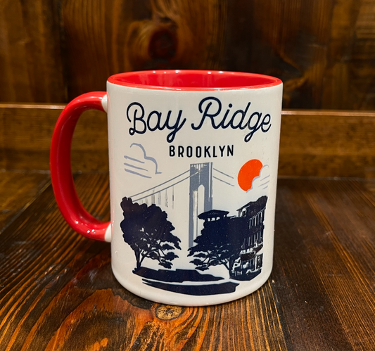 Mug with 'Bay Ridge Brooklyn' design on a wooden surface
