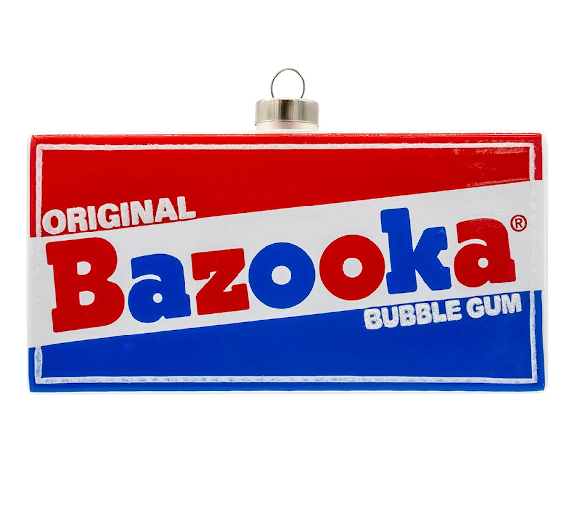 A rectangular ornament designed to look like a vintage Bazooka Bubble Gum package, featuring the iconic red, white, and blue color scheme with a silver hanging loop at the top.
