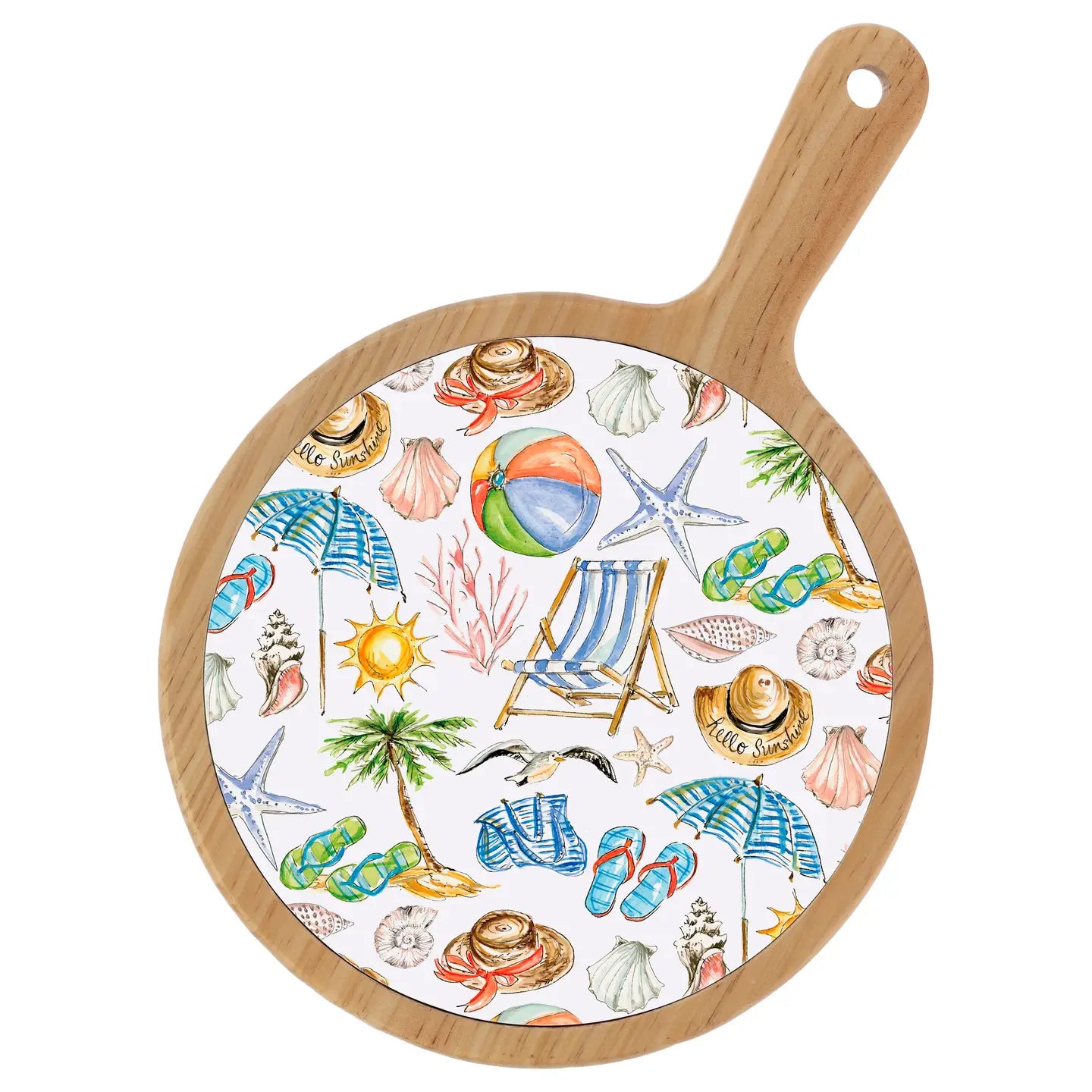 Round wooden paddle with a beach-themed design on a white background