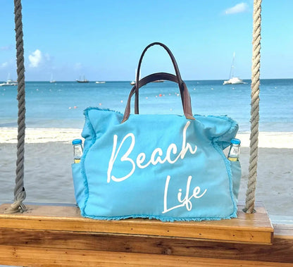 Beach Life Aqua Blue Canvas Tote