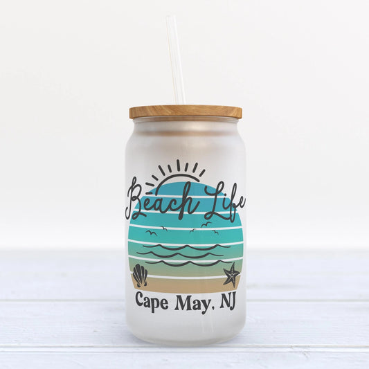 Beach Life Custom Hometown or City Frosted Glass Can Tumbler