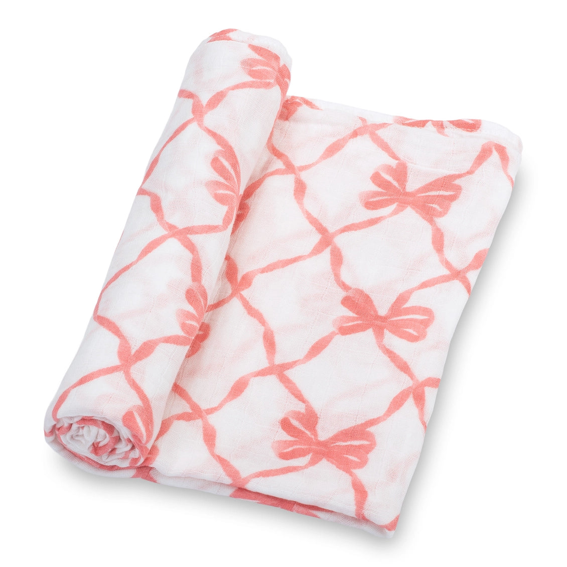 Folded fabric with pink bow pattern on a white background