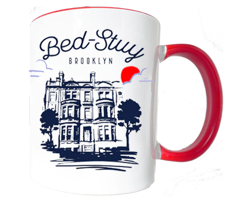 Mug with 'Bed-Stuy Brooklyn' text and building illustration on a white background