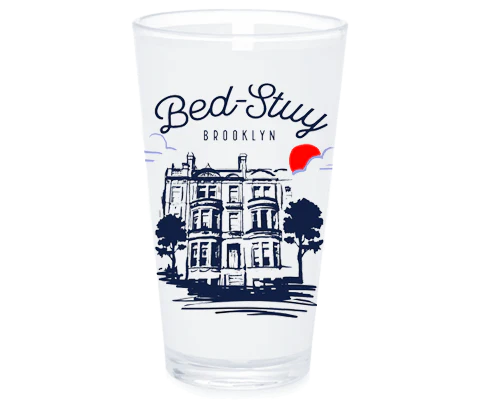 Clear glass with 'Bed-Stuy Brooklyn' design featuring a building and trees on a white background