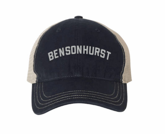 Navy and beige cap with 'Bensonhurst' text on a white background