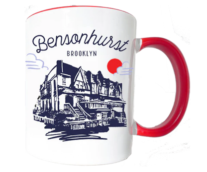 Mug with 'Bensonhurst Brooklyn' text and building illustration on a white background