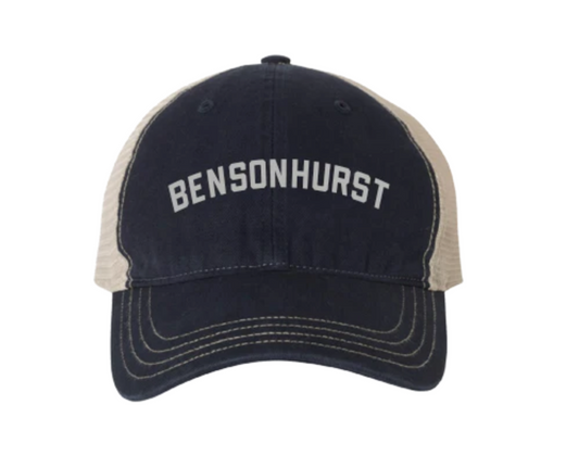 Navy and beige cap with 'Bensonhurst' text on a white background