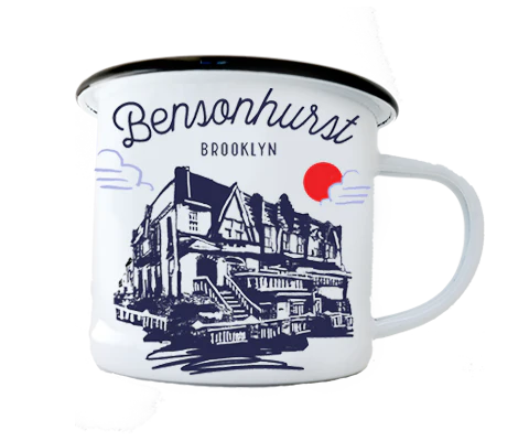 Mug with 'Bensonhurst Brooklyn' text and house illustration on a white background