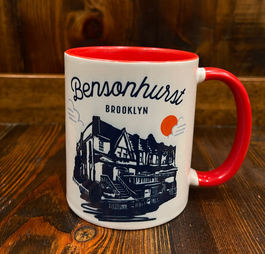 Mug with 'Bensonhurst Brooklyn' design on a wooden surface