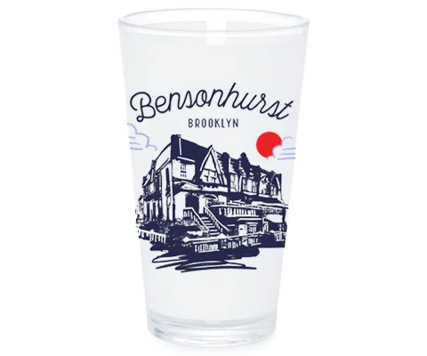 Clear glass with 'Bensonhurst Brooklyn' text and building illustration on a white background