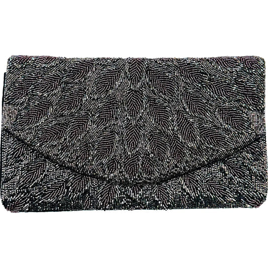 Black beaded clutch bag on a white background