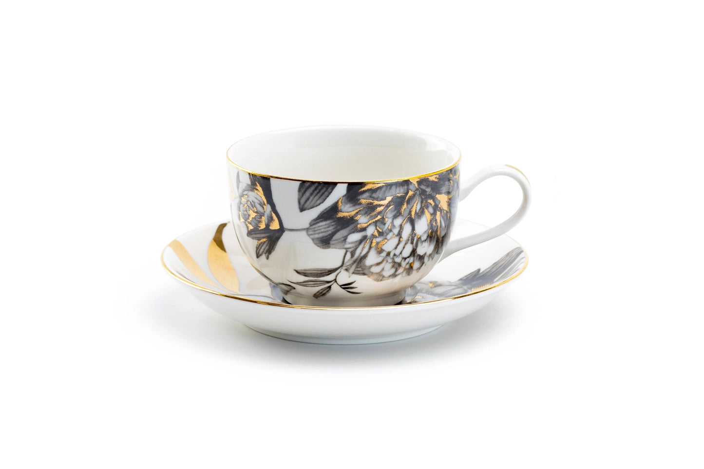 Ceramic cup and saucer with floral design on a white background