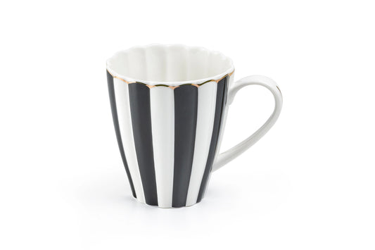 Black and white striped mug with gold rim on a white background