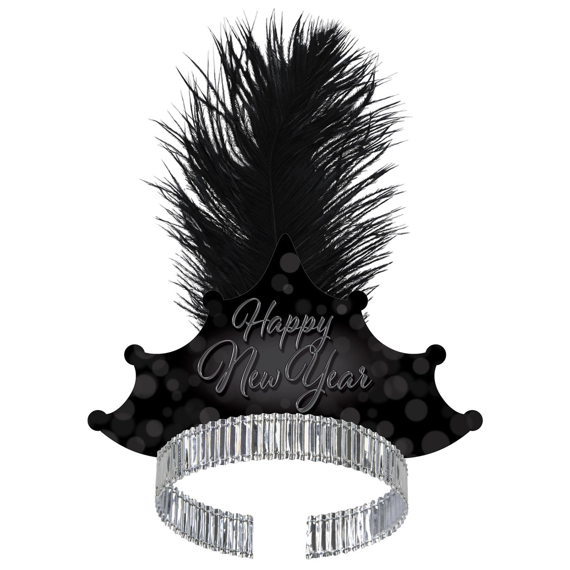 Black New Year's eve hat with feather and crystal band on a white background