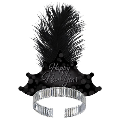 Black New Year's eve hat with feather and crystal band on a white background