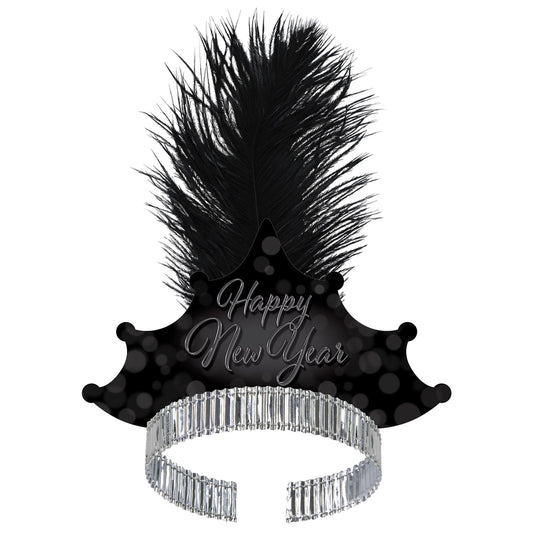 Black New Year's eve hat with feather and crystal band on a white background