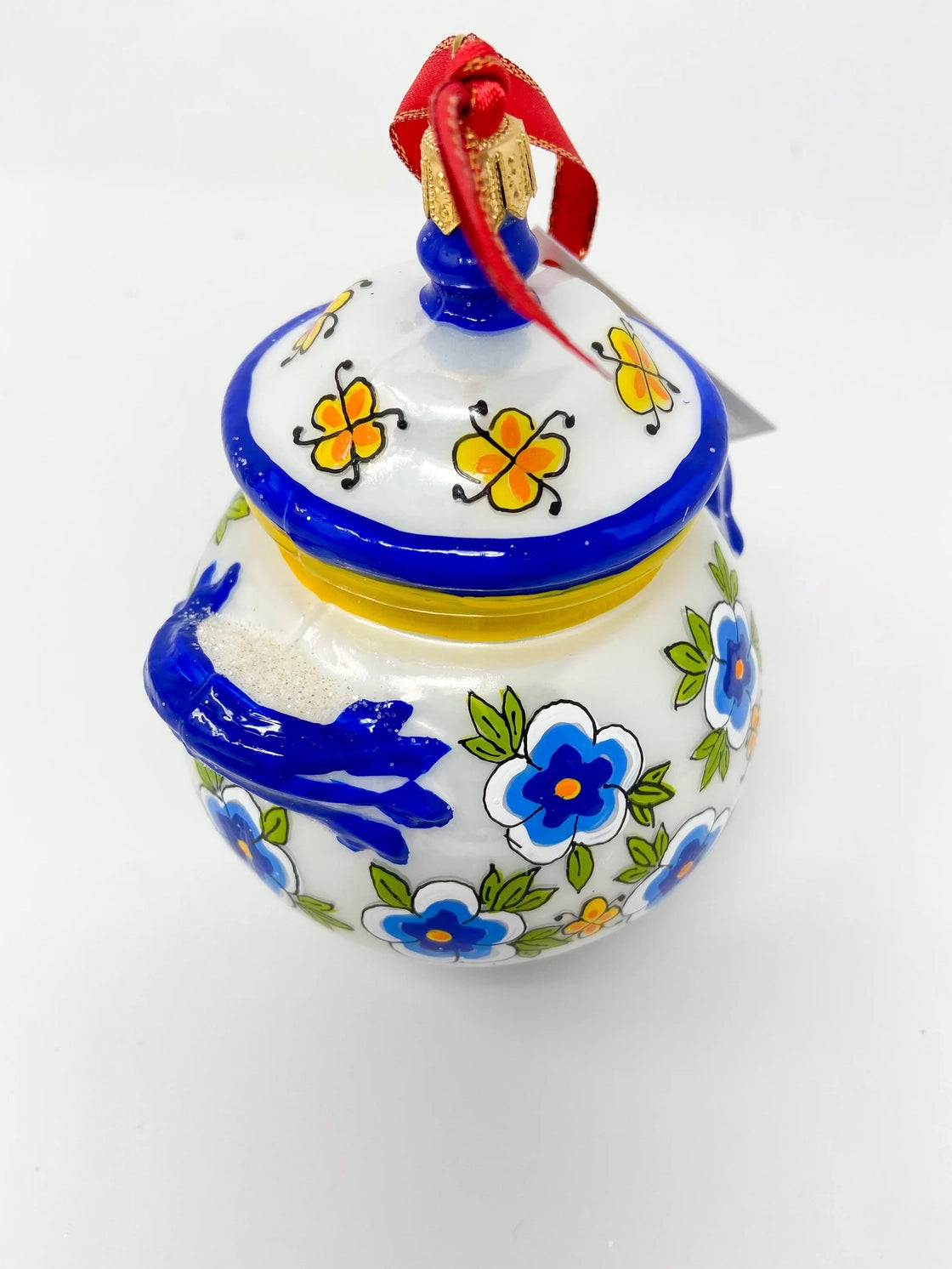 Italian Blue Flower Cookie Jar Holiday Polish Glass Ornament