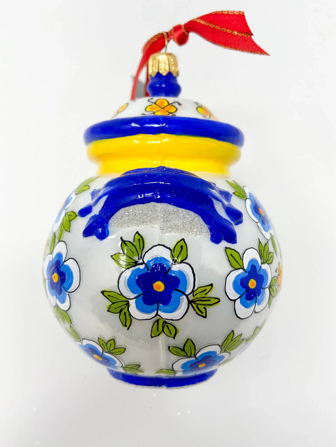 Italian Blue Flower Cookie Jar Holiday Polish Glass Ornament