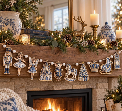 Chinoiserie blue-and-white Nutcracker Christmas garland with wooden beads draped across a rustic fireplace mantel decorated with holiday greenery and candles.