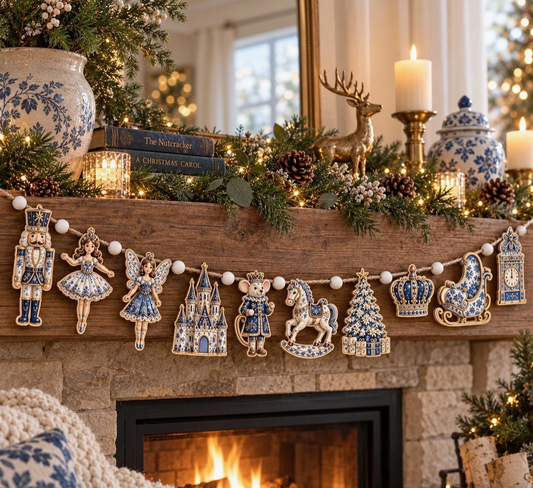 Chinoiserie blue-and-white Nutcracker Christmas garland with wooden beads draped across a rustic fireplace mantel decorated with holiday greenery and candles.