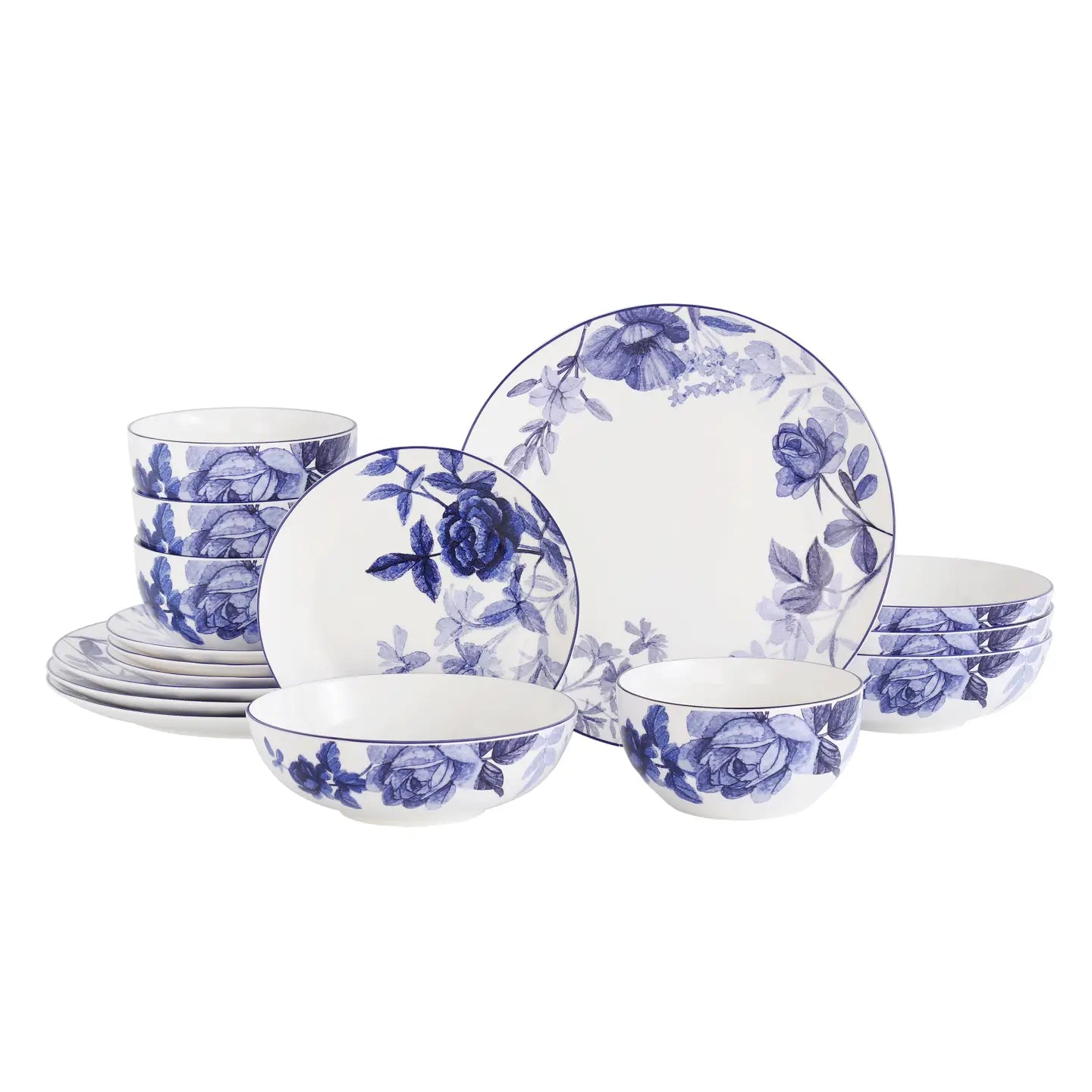 A 16-piece dinnerware set featuring blue floral rose patterns on a white background, including plates, bowls, and cups, arranged on a clean white background.